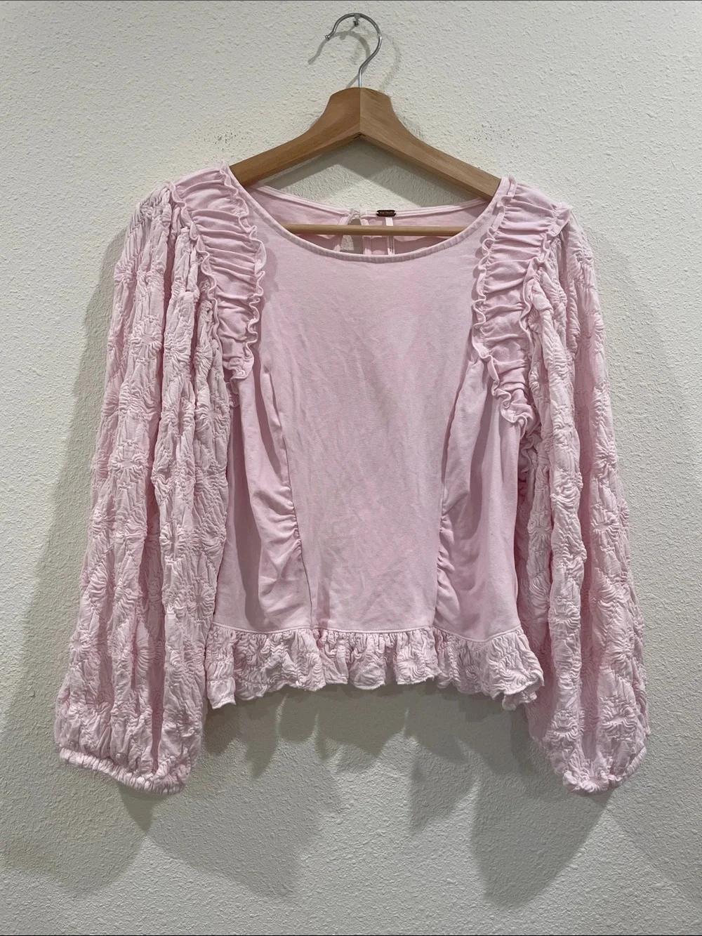Free People Olivia Top Light Pink Ruffle Floral Long Sleeve Romantic Rare Y2K